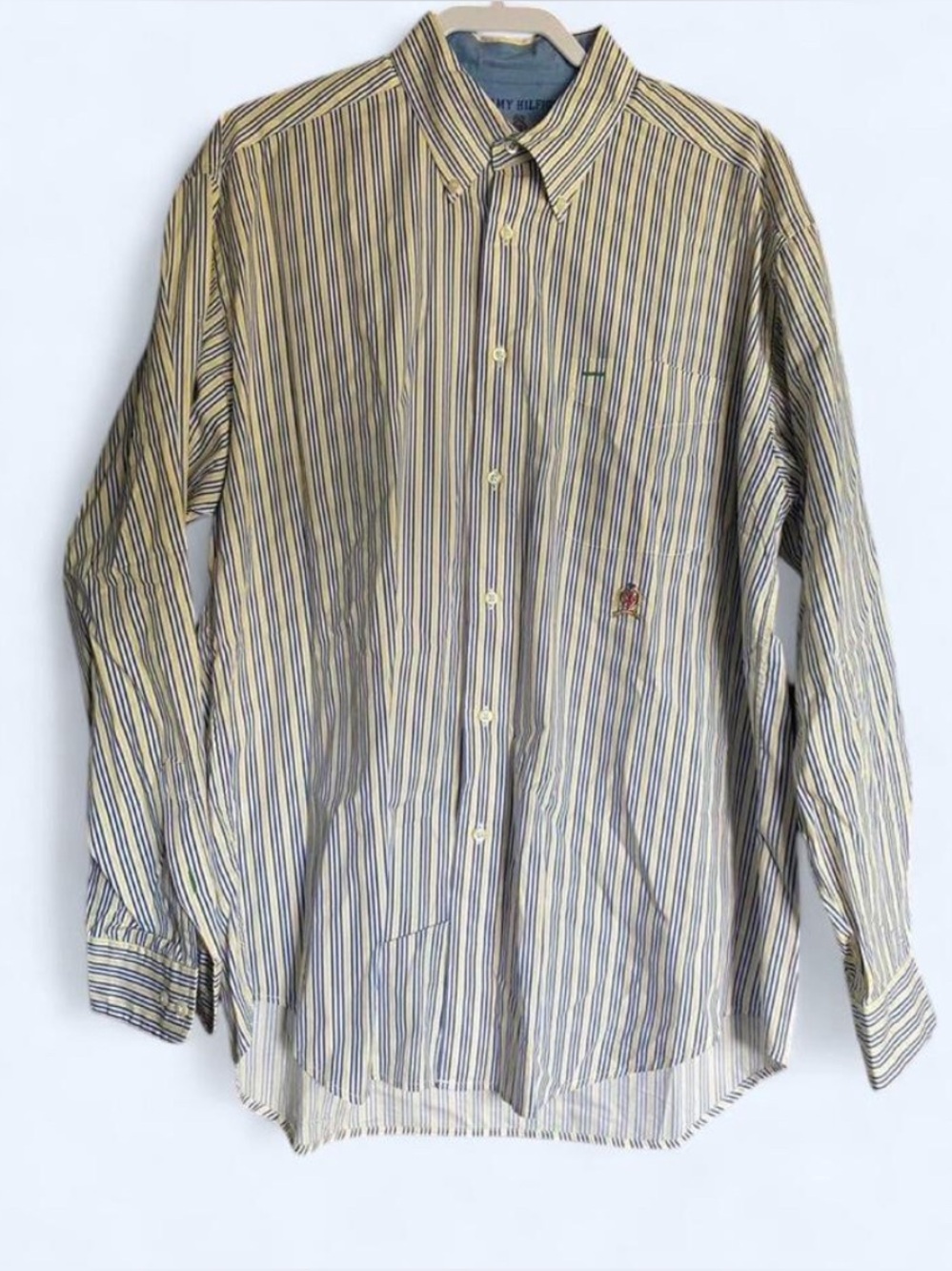 Vintage Tommy Hilfiger Yellow & Blue Striped Button Down Shirt - Size Large